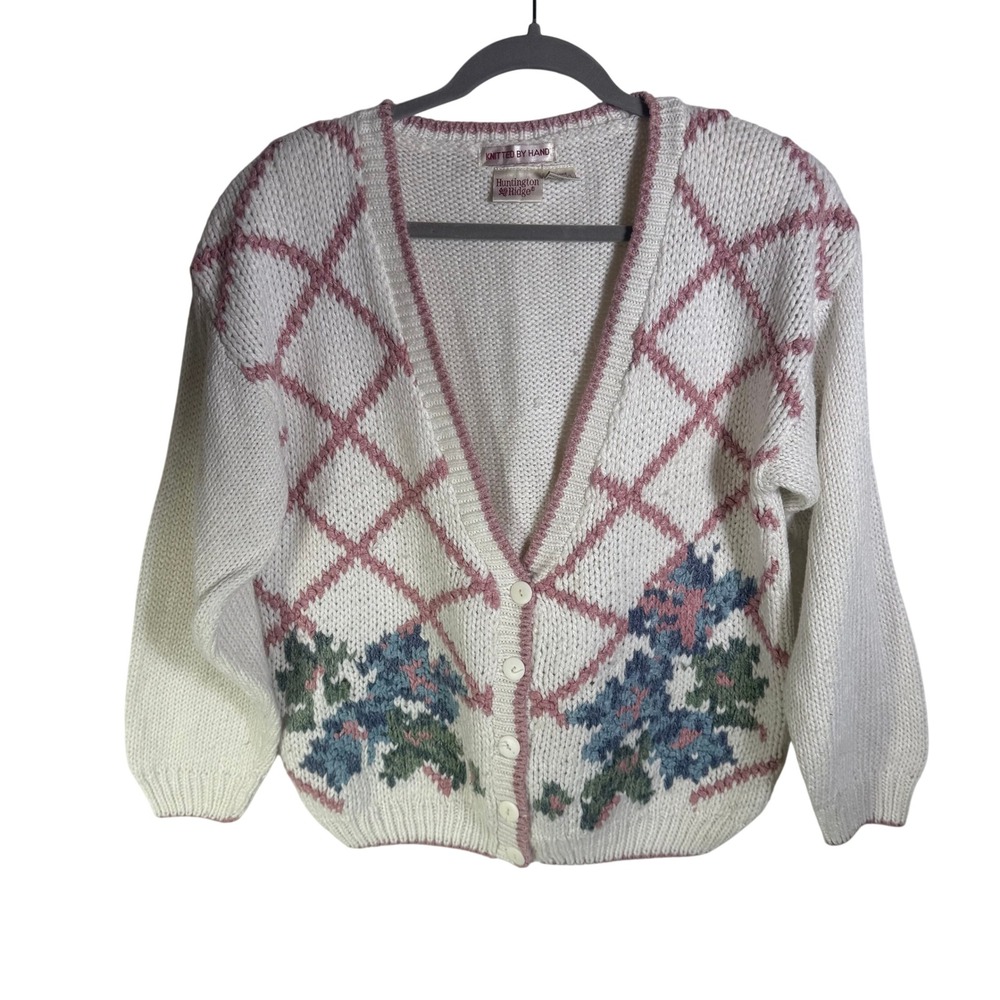 Huntington Ridge Vintage Hand Knitted Floral Diamond Cardigan White Pink Medium